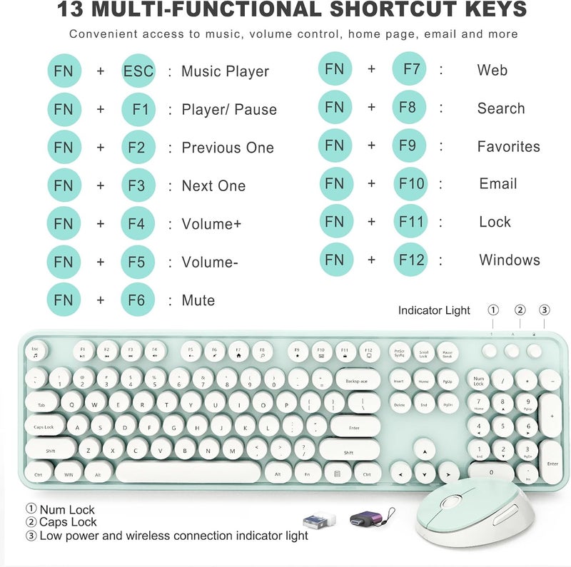 SkyGive Wireless Keyboard and Mouse Combo, Ergonomic Full Size Typewriter Retro Round Keycaps Keyboard, Compatible with Windows, PC, Perfer for Home and Office Keyboards（Green） - Image 4